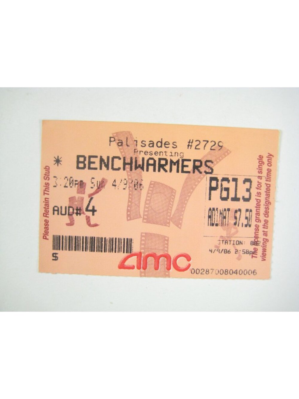 AMC Movie Ticket Stub Benchwarmers 2006 April 9 Palisades Theater Opening Week